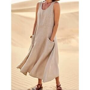 Sleeveless 100% Cotton Midi Dress with Pockets Khaki size 8/10